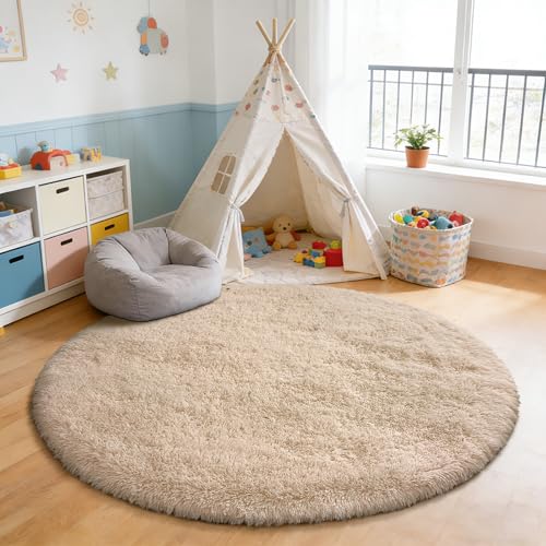 Fluffy Round Area Rugs for Bedroom (Beige / 4' (Round))