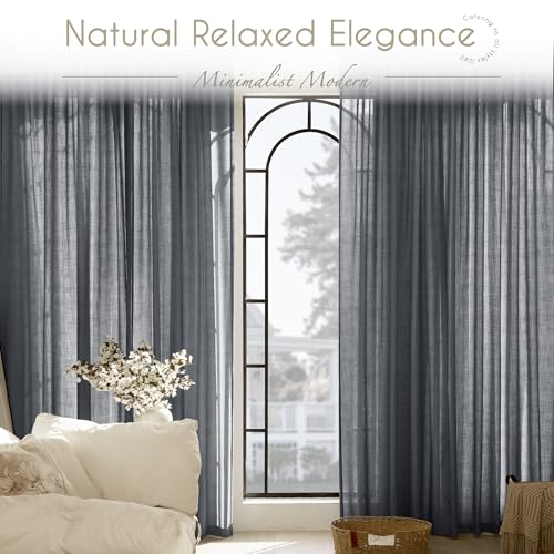 Dark Gray Curtains for Living Room Back Tab Modern Farmhouse Semi Sheer Gray Curtains 90 inches Long 2 Panels Set Muted Neutral Window Curtain for Dining Room Bedroom 52x90 (Dark Gray / 52"W x 90"L (Pack of 2))