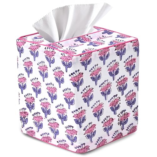CPC Pink Sapphire Block Print Square Tissue Box Cover 100% Cotton (Pink Sapphire)