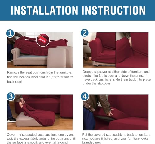 4 Piece Stretch Sofa Covers for 3 Cushion Couch Covers for Living Room Furniture Slipcovers (Large Plus / Burgundy)