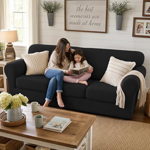 3 Piece Stretch Sofa Cover (71"-91"(2 Cushions) / Black)