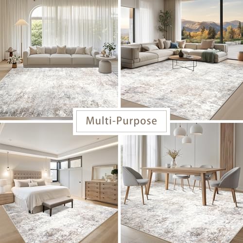Beige Grey 10x14 Washable Area Rugs for Living Room (10' x 14' (Rectangular) / Brown-grey-beige-slate)