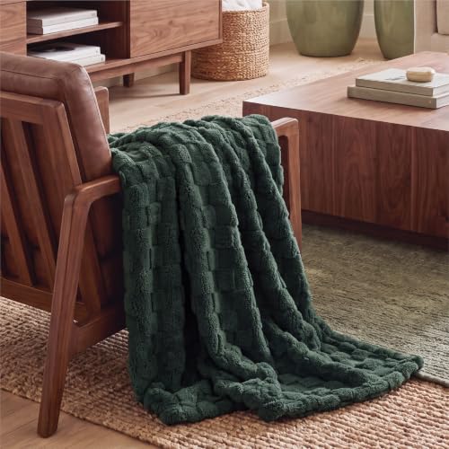 Checkered Fleece Throw Blankets for Bed (Dark Green / Throw XL (50" X 70"))