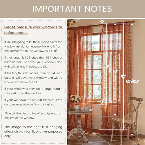 Boho Lace Curtains 84 Inches 2 Panel (59"W x 84"L (Pack of 2) / Burnt Orange)