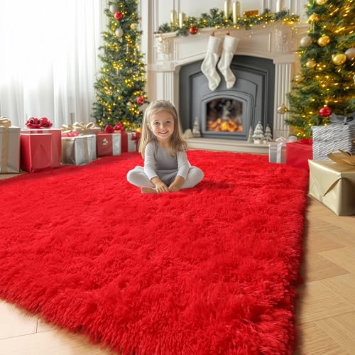Red Christmas Fluffy Big Area Rug 6x9 for Living Room Boys Bedroom (Red / 6' x 9' (Rectangular))