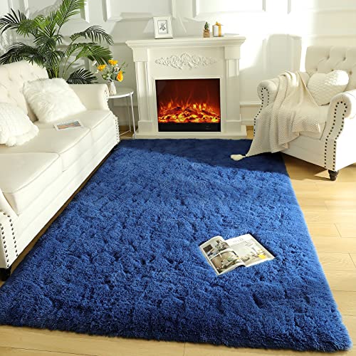 Area Rugs Fluffy Living Room Carpets for Bedroom 4x5.3 (Light Navy / 5.3' x 7.5' (Rectangular))