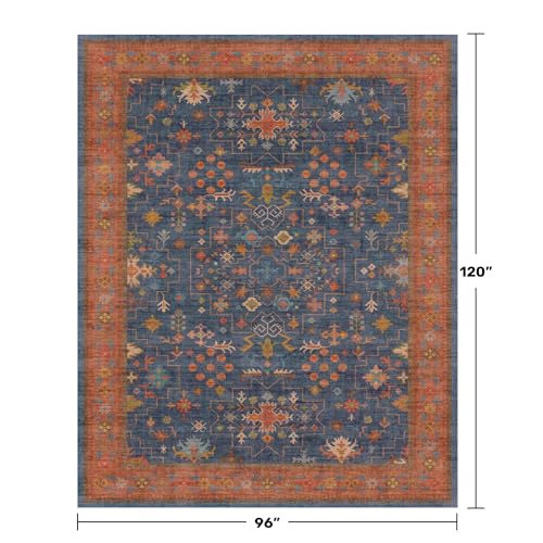 Washable Navy Blue Living Room Rug (8' x 10' (Rectangular) / Blue / Terracotta)