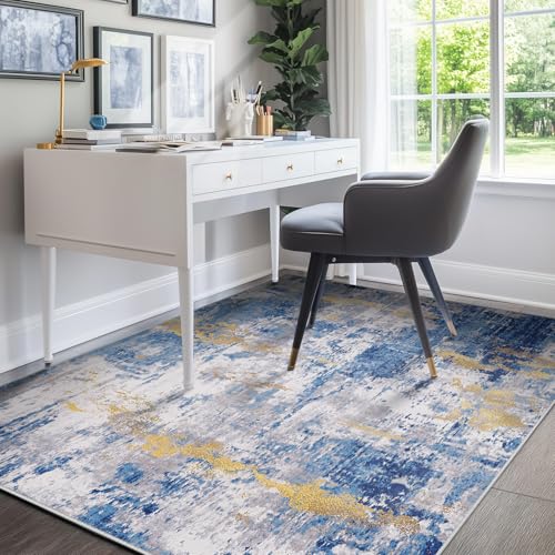 Washable 4'x6' Abstract Area Rug for Living Room Blue Gold (Blue/Gold / 4' x 6' (Rectangular))