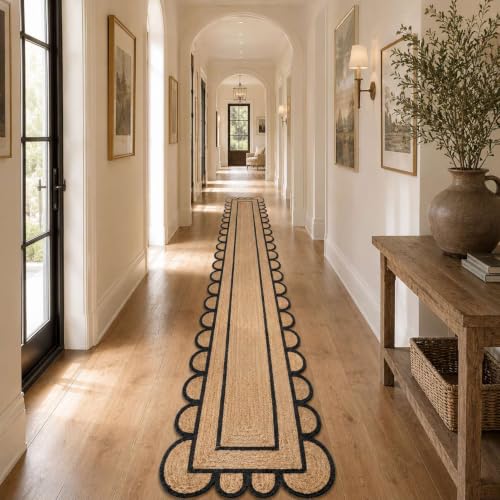 Jute Runner Rug 2.5x20 Ft with Scalloped Border (Black / 2'7" x 20' (Rectangular))