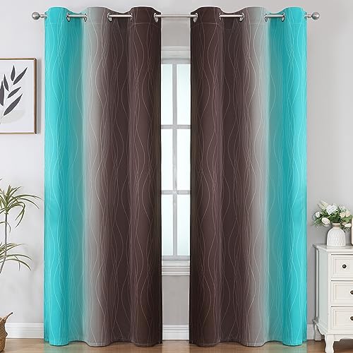 Brown and Teal Ombre Blackout Curtains for Bedroom 84 Inch (Teal and Brown / 42"W x 84"L (Pack of 2))