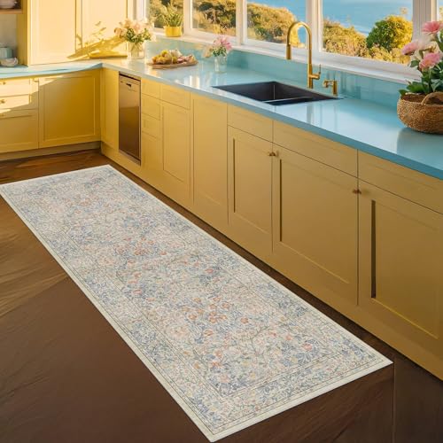 Non Slip Beige Blue Hallway Runner Rug (Beige Blue / 2' x 7' (Runner))