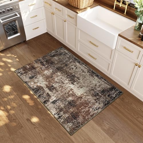 Entrance Rugs Indoor 2x3 Brown Entry Rug Washable Abstract Coffee Small Area Rug Non (Brown / 2' x 3' (Rectangular))