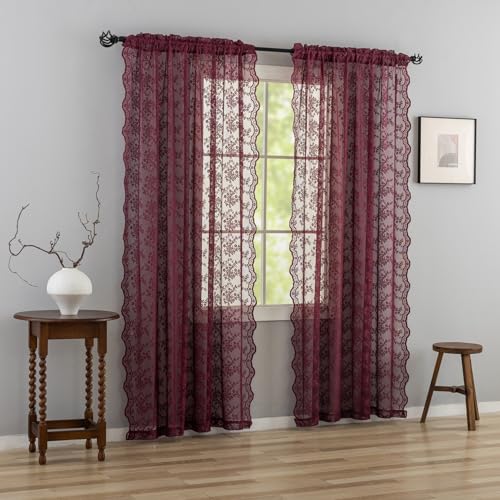 Vintage Lace Curtains 84 Inches Long (Burgundy / 52"W x 84"L (Pack of 2))