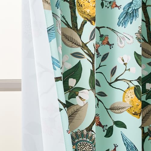 Green Floral Curtains 84 Inches Long Vintage French Country Grommet Botanical Hummingbird Woodland Jungle Victorian Patterned Mint Green Lemon Drapes for Bedroom Dining Living Room (Mint Green / 52"W x 84"L (Pack of 2))