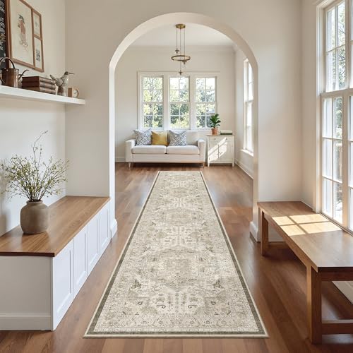 Washable Runner Rugs 2x10 Long for Hallway Kitchen (Ivory/Brown / 2' x 10' (Runner))