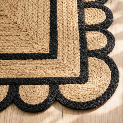 Scalloped Natural Jute Area Rug 4x6 Ft (Black / 4' x 6' (Rectangular))