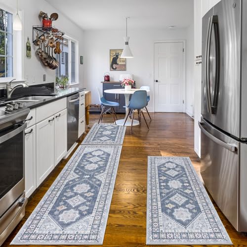 HEBE Boho Kitchen Rugs Set of 3 (Ash Blue / 20"x32"+20"x48"+20"x59")