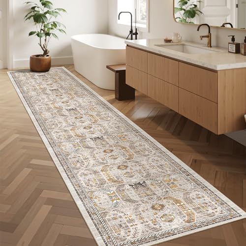 Washable Runner Rugs 2x12 Long for Hallway Kitchen Soft (Brown/Gold / 2' x 12' (Runner))