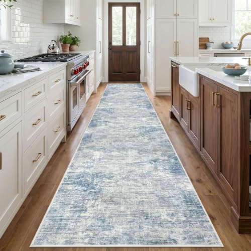 Abstract Runner Rug 3x18 Ft Washable Runners for Hallways (Light Blue/Grey/White / 3' x 18' (Rectangular))