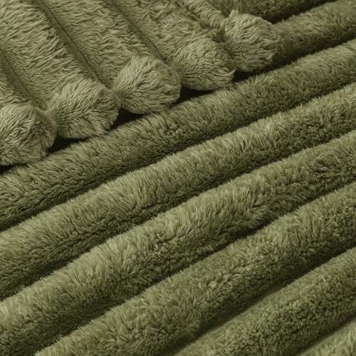 Striped King Size Fleece Blanket for Bed (Olive Green / King ( 90x104 IN ))