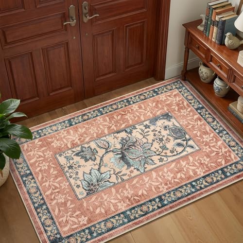 Terracotta Teal 2x3 Door Mat Indoor Rugs for Entryway Provence Small Botanical Grove Cottage core Washable Non (Terracotta / Teal / 2' x 3' (Rectangular))