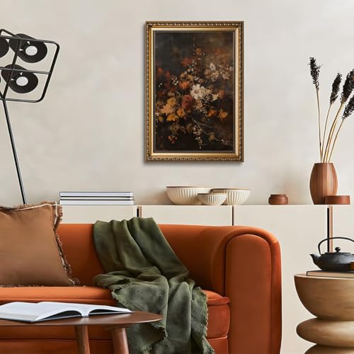 Vintage Gold Framed Wall Art Moody Flower Canvas Wall Art Dark Fall Floral Picture Wall Decor Retro Autumn Botanical Art Prints for Bedroom Living Room Bathroom 16"x24" (Gold Framed-7 / 16x24in)