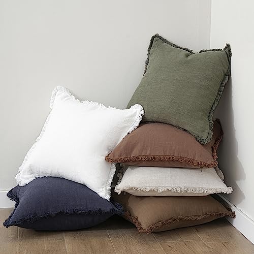 Decorative Linen Fringe Throw Pillow Covers 16×16 Olive Green (16" x 16" (Pack of 2) / Olive Green)