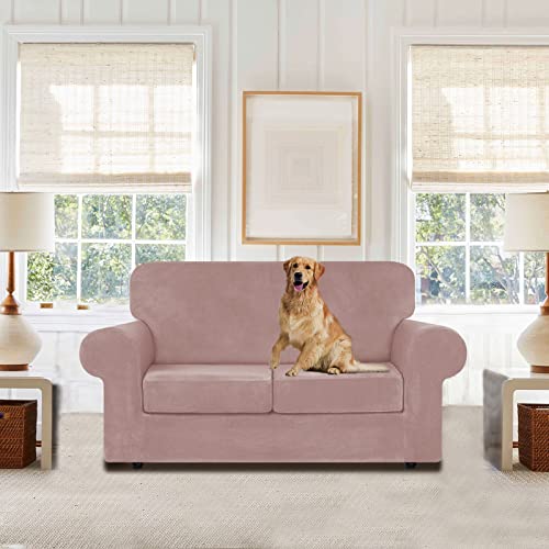 Velvet Stretch 3 Pieces Couch Cover for Sofa Washable (Medium / Pink)