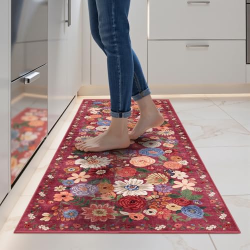 Red Floral Hallway Runner Rug 2x5 for Bedroom Kitchen (Red / 2' x 5' (Rectangular))