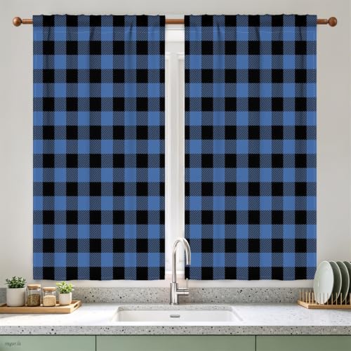 Blue Buffalo Check Kitchen Curtains Sink Plaid Gingham Cafe Short Curtains (Deep Blue / 26"W x 45"L (Pack of 2))