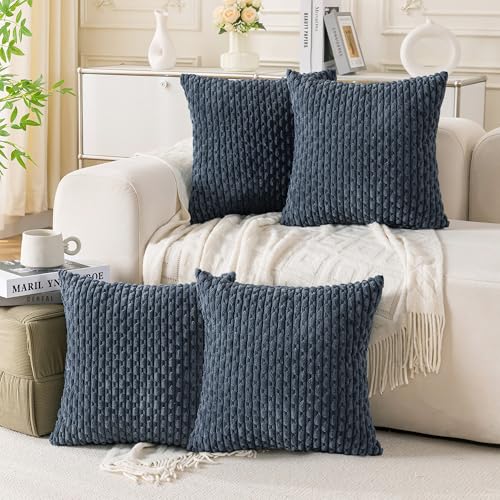 Set of 4 Grey Blue Decorative Throw Pillow Covers 16x16 Inch Corduroy Pillow Covers for Bed Couch Sofa Living Room Soft Square Cushion Cases (Grey Blue / 16" x 16" (Pack of 4))
