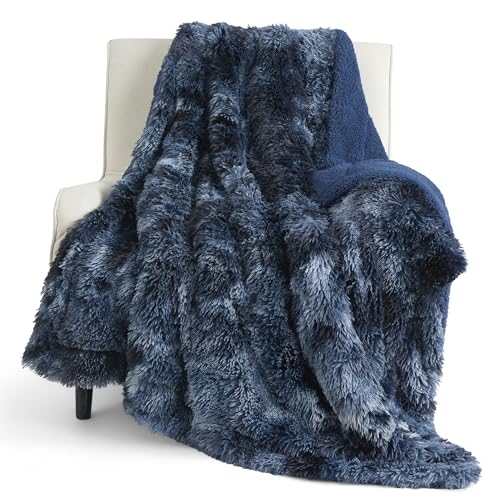 Faux Fur Fluffy Sherpa Blanket Couch Throw Tie Dye Navy 50"x60" (05- Tie Dye Navy / Throw (50" X 60"))