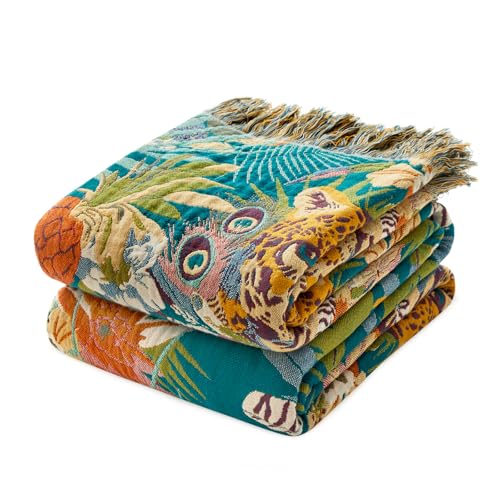 Boho Throw Blanket 50"x60" Fall Cotton Leopard Animals Blanket (Leopard Forest / 50"x60")
