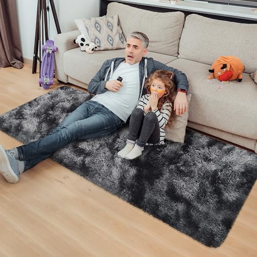 Tie Dyed Runner Rug for Bedroom Black Grey 2x5ft Fluffy Area Rug Bedside Runner Rug for Kids Room Boys Teens Nursery Baby Living Room Dorm Home Decor Carpets (Tie-dyed Black Grey / 2' x 5' (Runner))