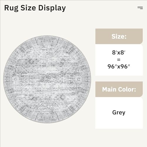Round Rugs 8ft Living Room Circle Area Rug 8x8 Grey Vintage (Grey / 8' (Round))