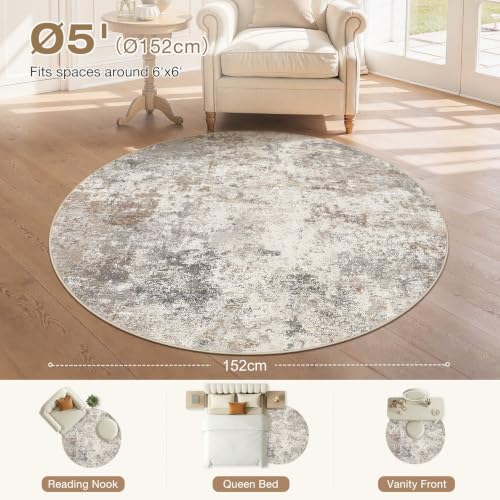 5ft Round Area Rug Living Room Rugs (Brown Grey / 5' (Round))