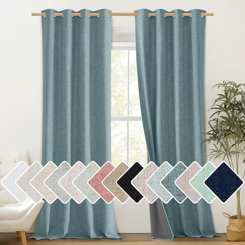 100% Absolutely Blackout Linen Curtains with Thermal Insulated White Liner (52"W x 120"L (Pack of 2) / Skylark Blue)