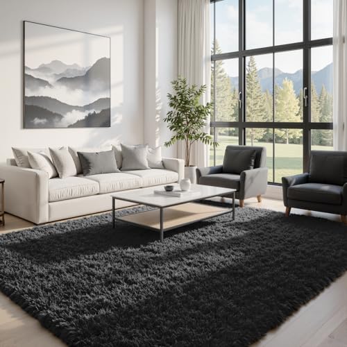6x9 Fluffy Shag Area Rugs for Living Room Bedroom (Black / 6' x 9' (Rectangular))