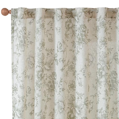 Floral Lined Linen Curtains 84 Long for Living Room 2 Panels (Lined Green / 50"W x 84"L (Pack of 2))