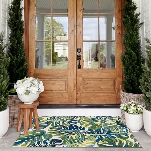 Boho Outdoor Rug (Monstera Leaf - Green Navy / 2'4" x 3'7" (Rectangular))