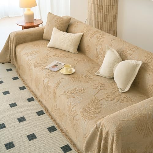 Washable Couch Covers for Sofa Boho Couch Covers for 3 Cushion Sofa Pet Friendly Camel Chenille Jacquard Couch Protector for Dogs Plant Branch Sectional Cover Sofa Slipcovers (71" x 118" / U: Camel)