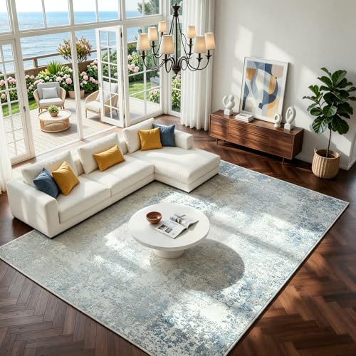8x10 Washable Area Rugs for Living Room (8' x 10' (Rectangular) / Wathet-griege-maize Yellow-brown-beige-blue-white)