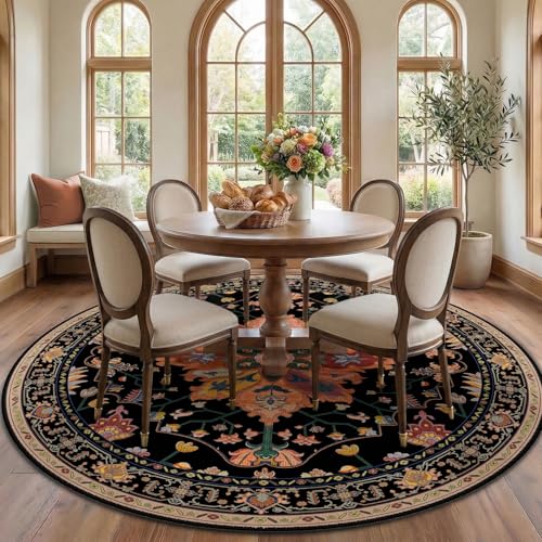 Washable Area Rug (Black/Colorful / 7' (Round))