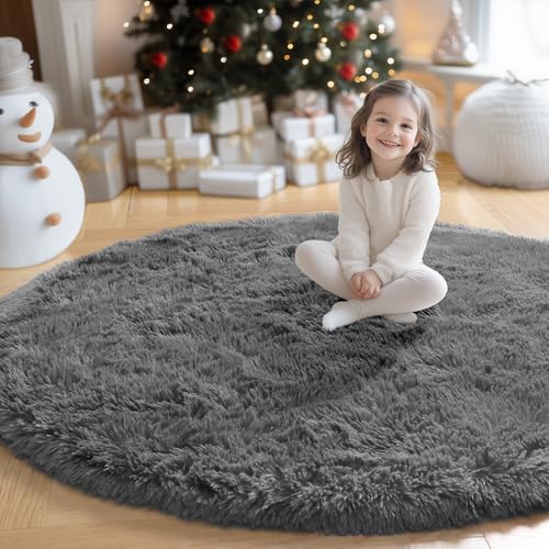 Grey Furry Big Round Area Rug 6Ft for Living Room Bedroom Playroom (Grey / 6' (Round))