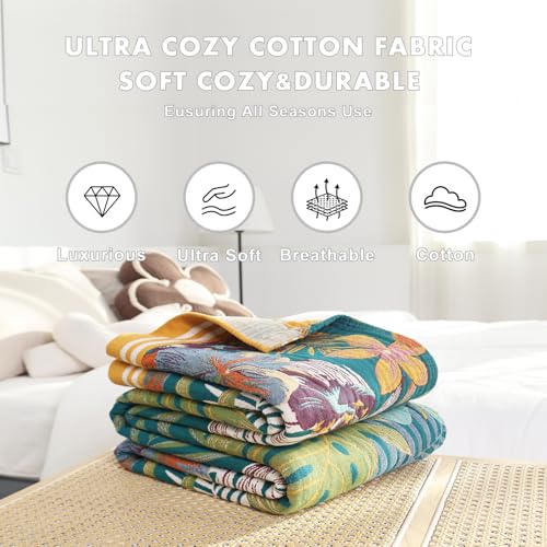 Boho Throw Blanket 60"x80" Cotton Floral Blanket for Couch Sofa Bed (Leaves Flowers 2 / 60"x80")