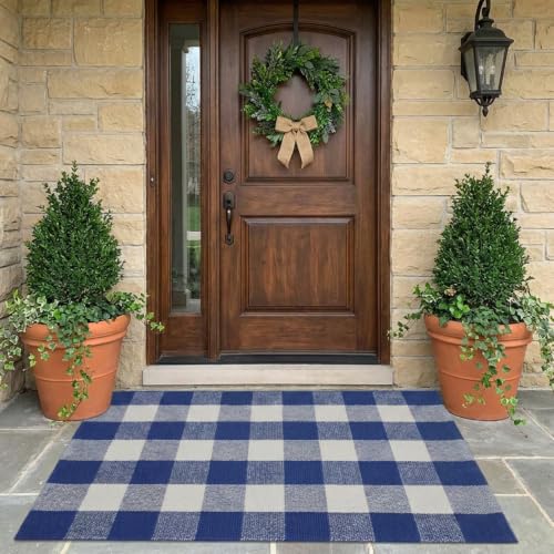 Buffalo Plaid Outdoor Rug 27.5x43 Blue and White Front Door Mat (Blue and White Plaid / 2'3" x 3'7" (Rectangular))