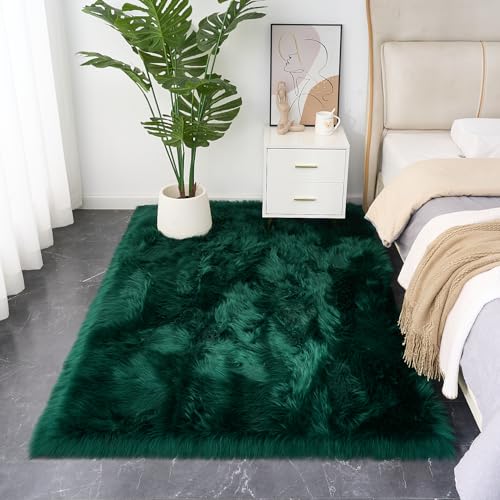 Ultra Soft Fluffy Shaggy Area Rug Faux Fur Rug Chair Cover Seat Pad Fuzzy Area Rug for Bedroom Floor Sofa Living Room (Darkgreen / 4' x 6' (Rectangular))