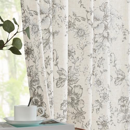 Vintage Floral Linen Curtains 54 Long for Living Room 2 Panels (Grey / 50"W x 54"L (Pack of 2))