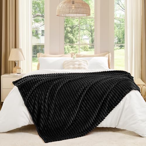 Ribbed Jacquard Black Fleece Throw Blanket for Couch (Black / Throw(50"x60"))