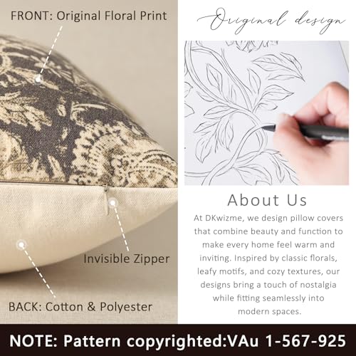 Vintage Floral Print Throw Pillow Covers 20x20 Set of 2 Neutral Modern Farmhouse Pillowcases Accent Decorative Cushion Covers Boho Home Decor for Couch Sofa Chair Bed Living Room (Rustic Gray / 20" x 20" (Pack of 2))